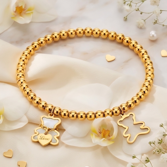 Whimsical 18K Gold Plated Stainless Steel Bear Charm Beaded Dainty Bracelet - Picture 10 of 12